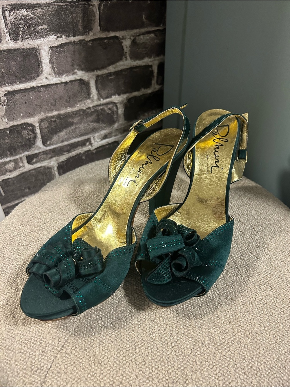 Pollini Emerald Green Slingback Peep-Toe Heels with Bow Accent